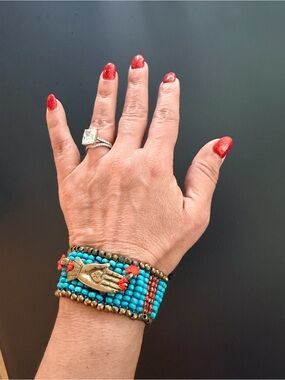 Turquoise and Orange Beaded Hamsa Bracelet for Women